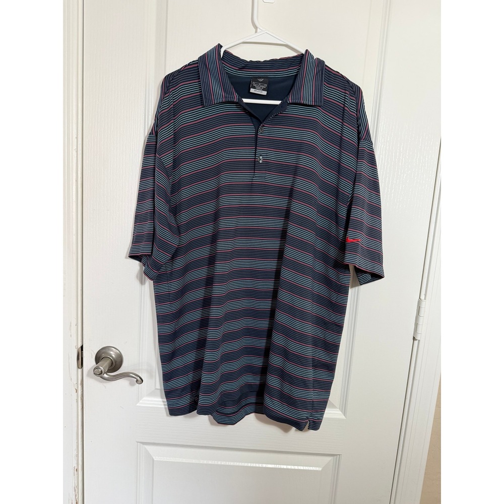 Nike Golf Mens Large Dri-FIT UV Striped Polo Shirt Navy Blue Red Short Sleeve